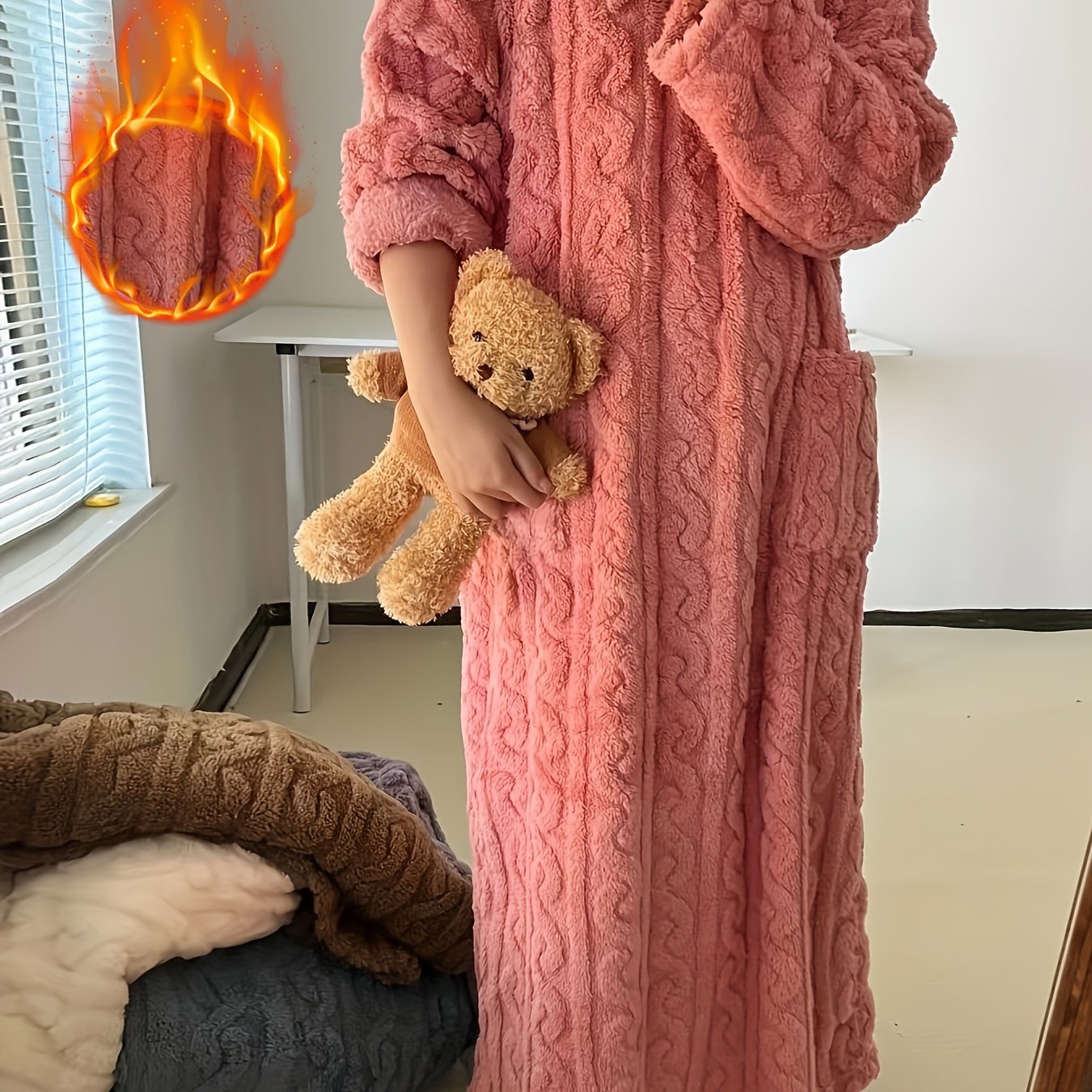 Long Coral Fleece Nightgown for Women Warm Autumn Winter Pajama Bathrobe with Pockets