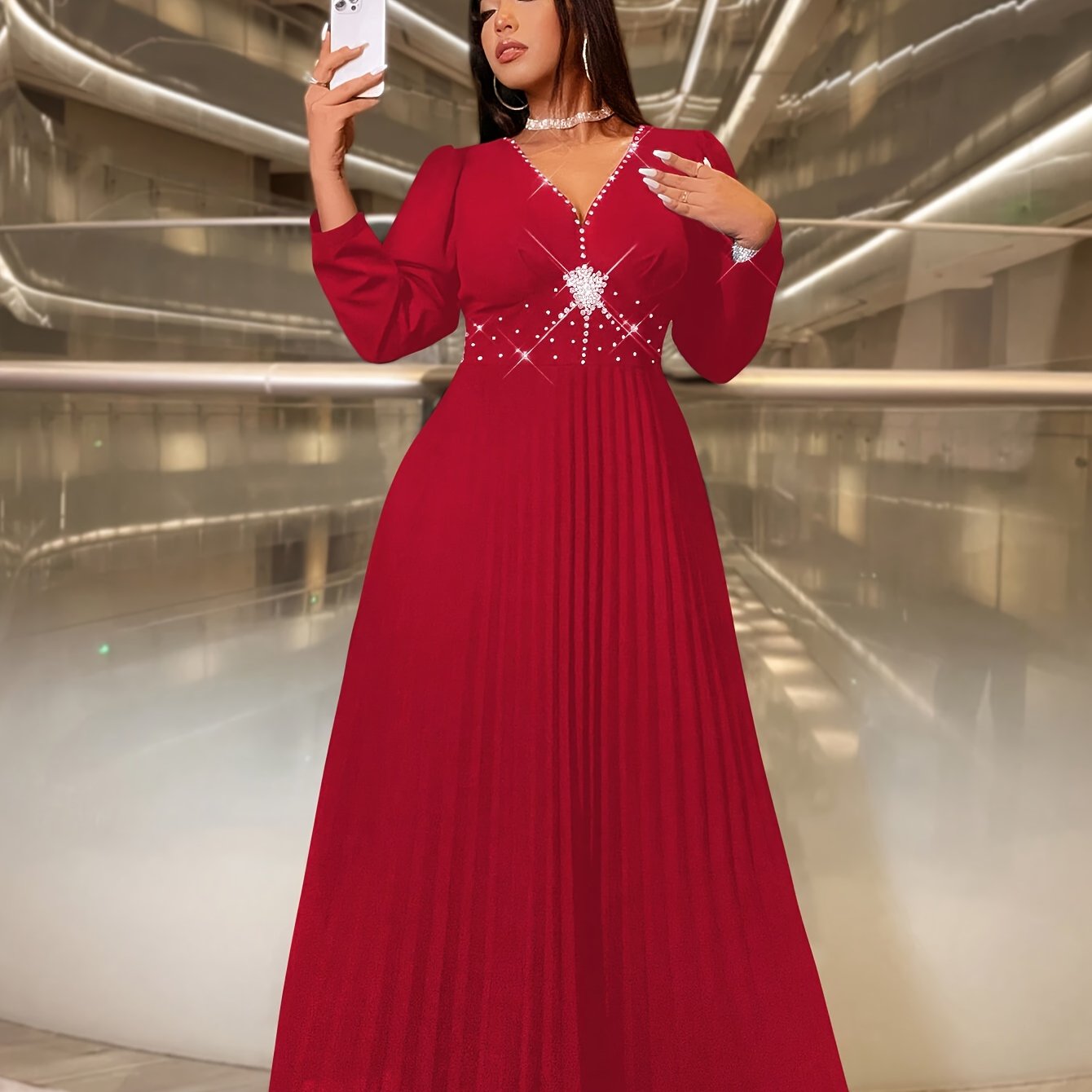 Plus Size Red Maxi Dress with V-Neck and Ruched Hem for Formal Events