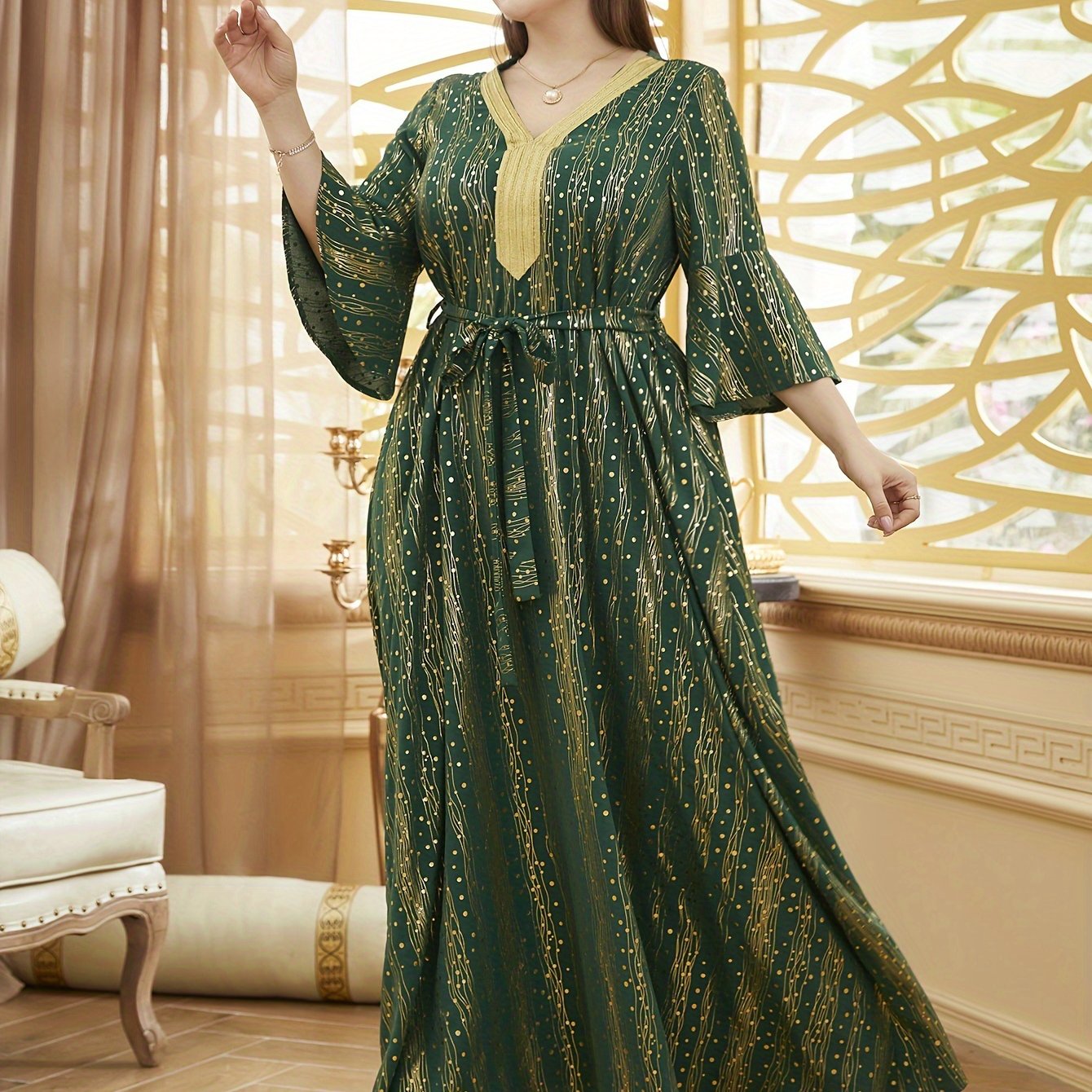 Plus Size Women's V-Neck Dress with Gold Floral Lace Sleeves and Adjustable Waist