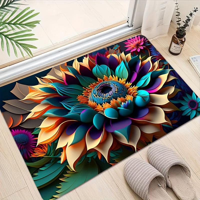 Colorful Lotus Flower Bath Mat Polyester Rug with Floral Design for Bathroom Decor