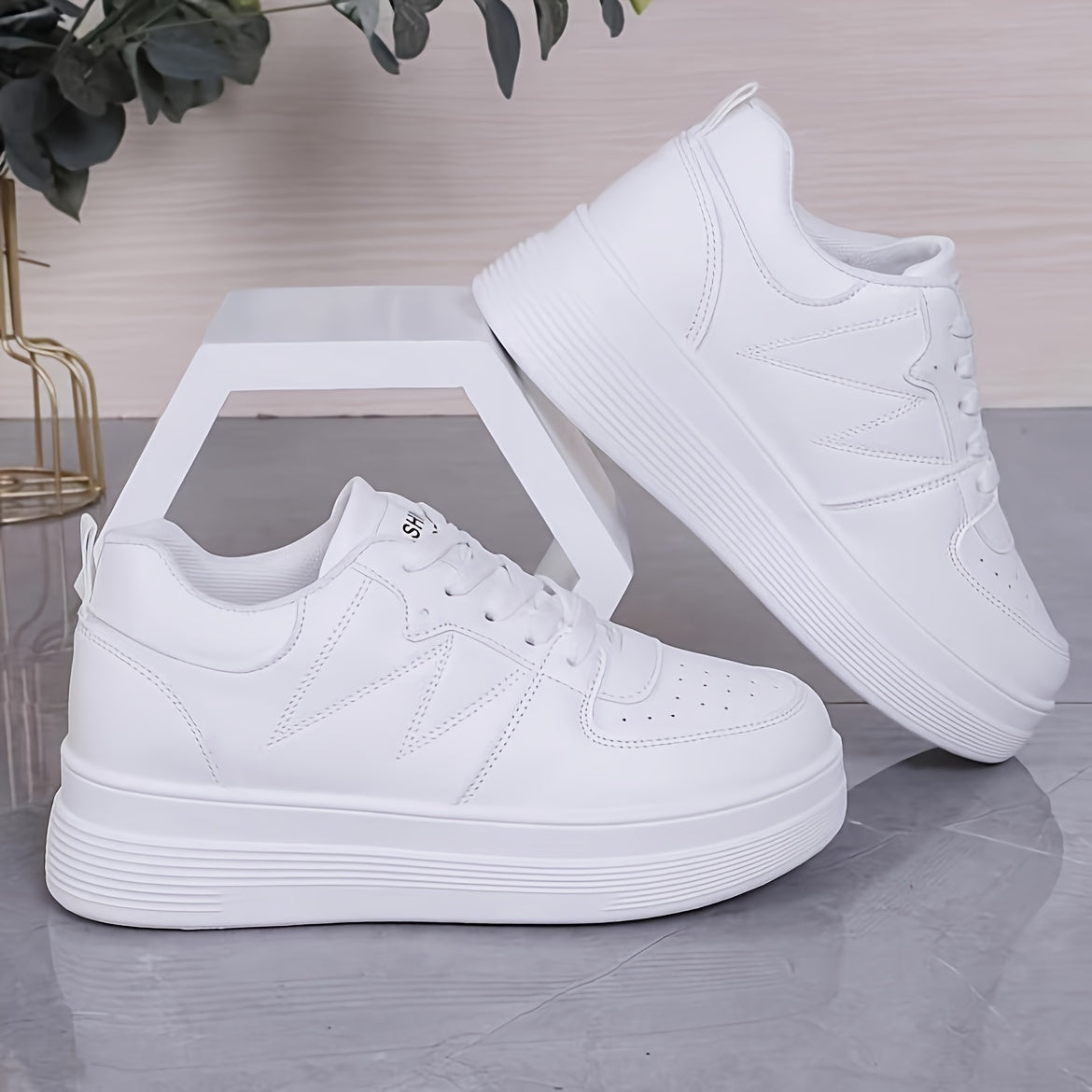 Women's White Beige Lace-Up Sneakers Synthetic Rubber Sole All-Season Casual