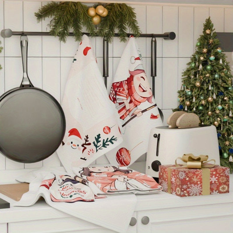 Set of 4 Christmas Kitchen Towels Snowflake Tree Decor 18x66 cm