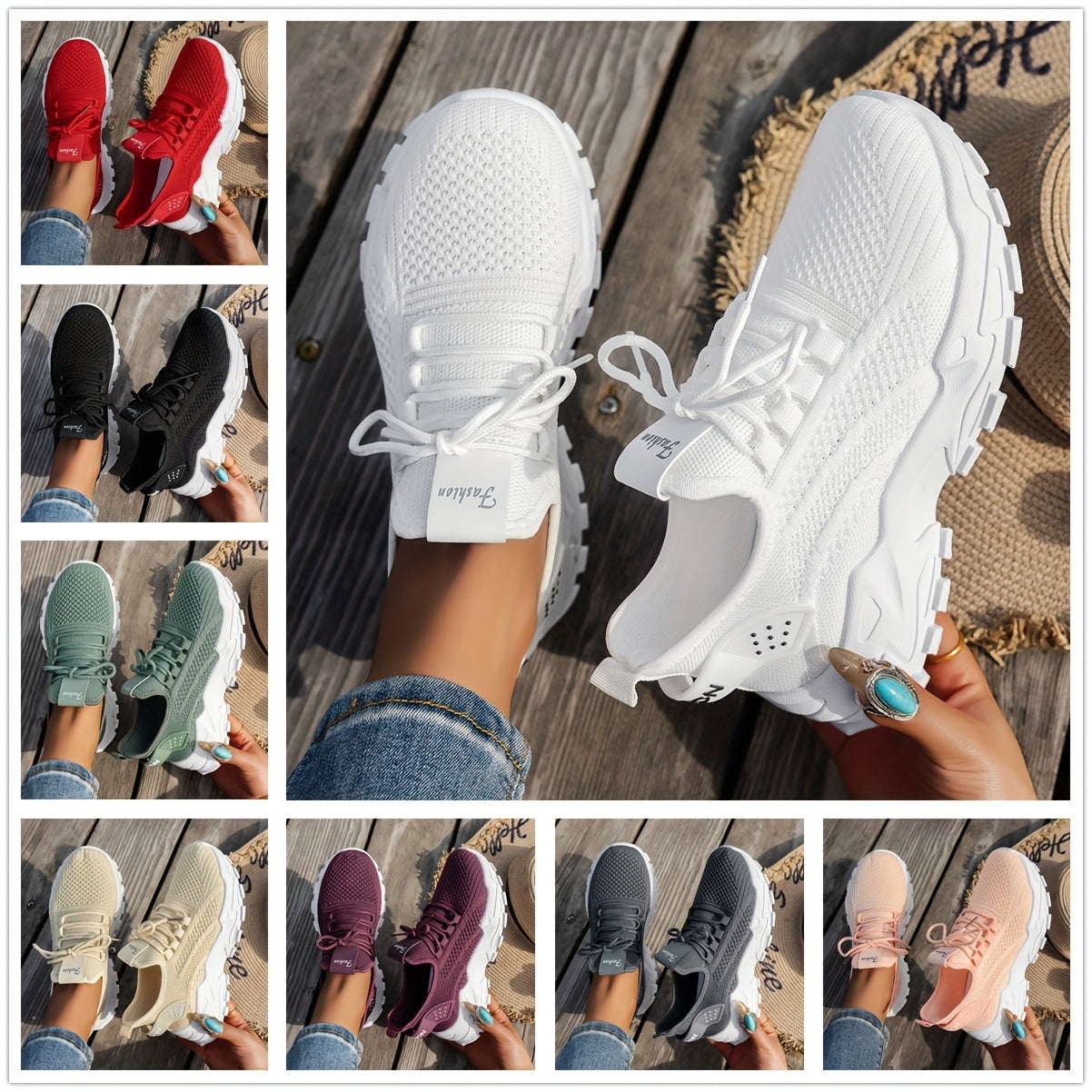 Women’s White Casual Sneakers, Breathable Elastic Upper, Plus Size
