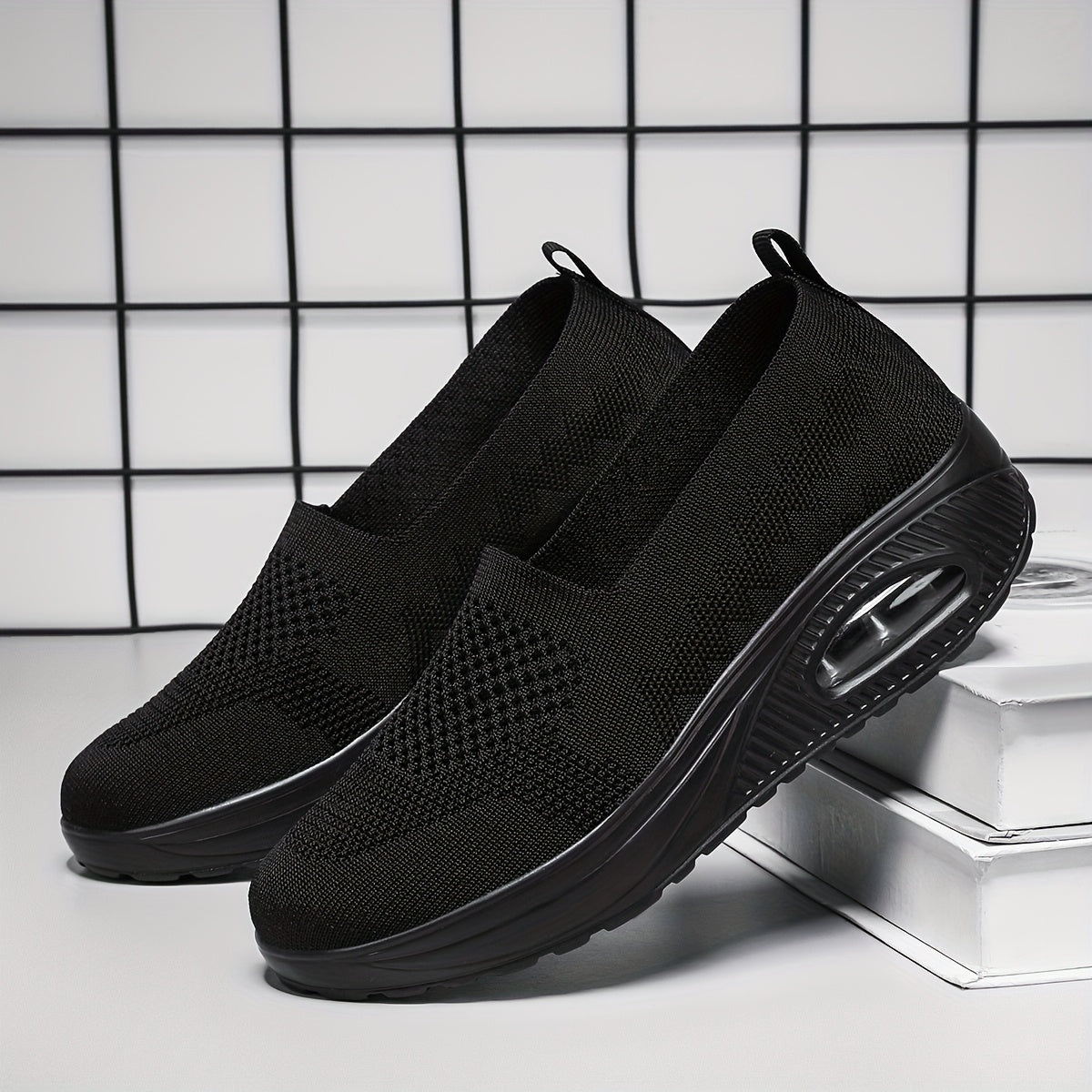 Women's Black Platform Sneakers with Air Cushion Breathable Fabric