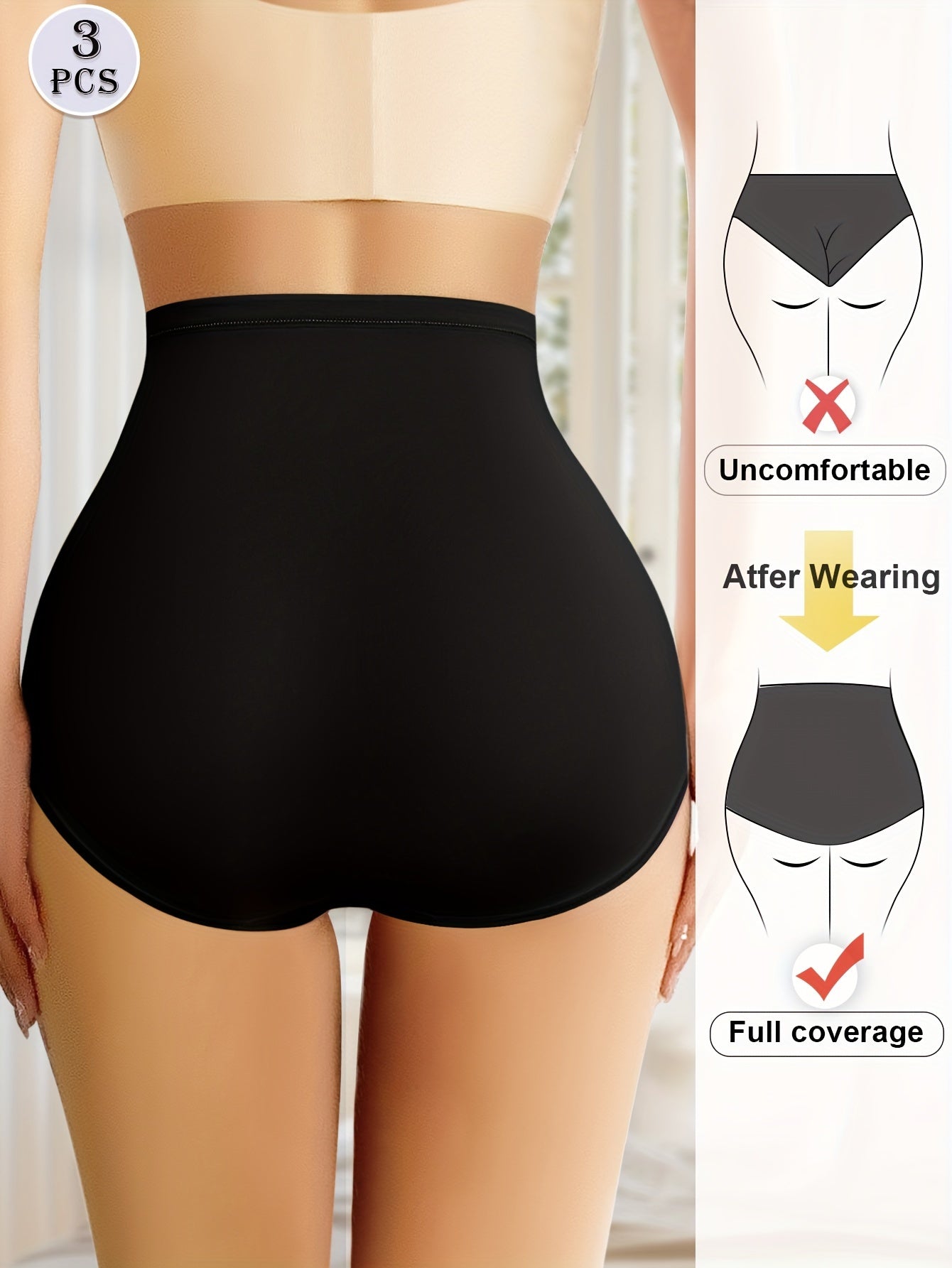 Women's High Waist Tummy Control Briefs 3 Pack Solid Breathable Polyester