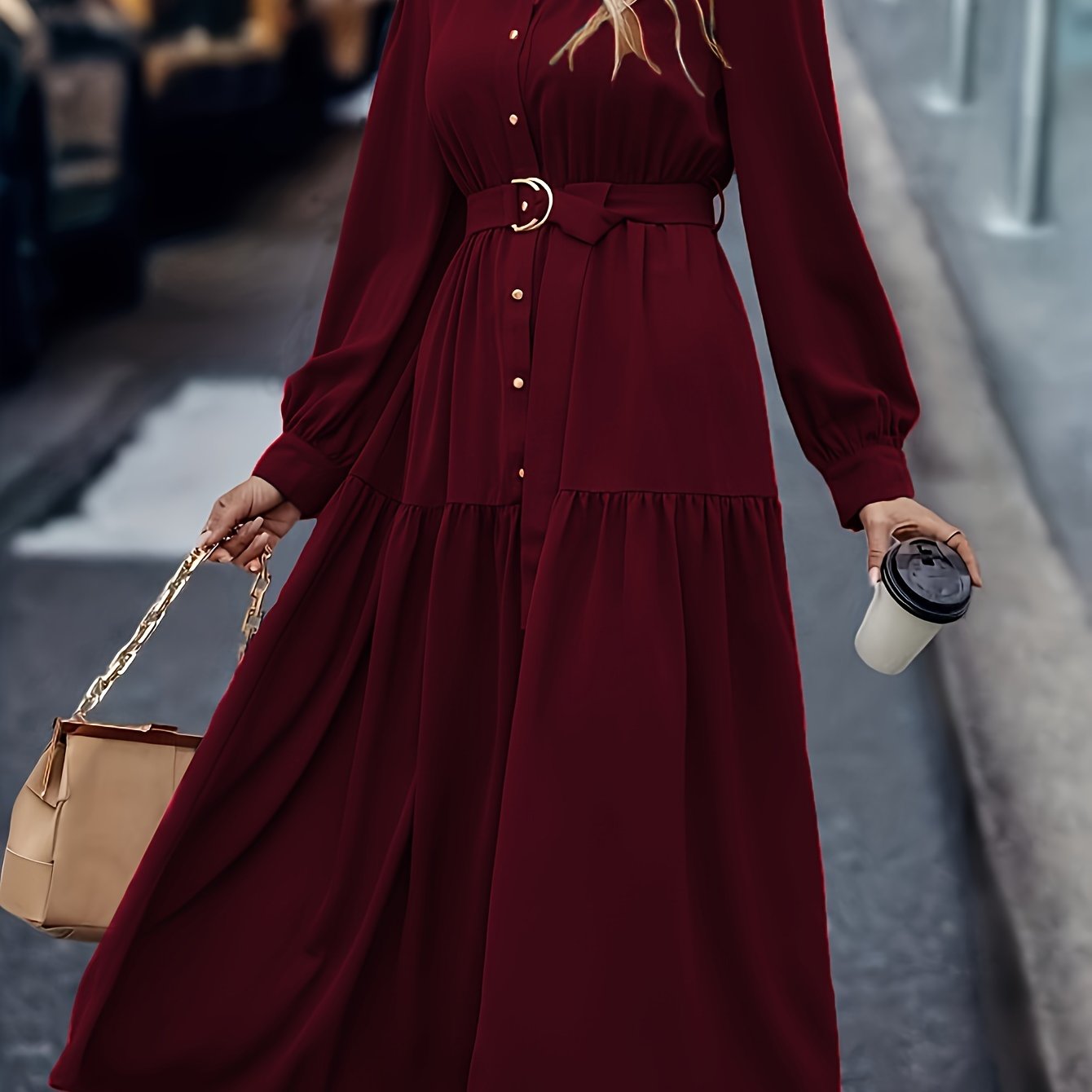 Women's Middle Eastern Style Polyester Shirt Dress with Lantern Sleeves and Ruffled Hem for Spring Fall