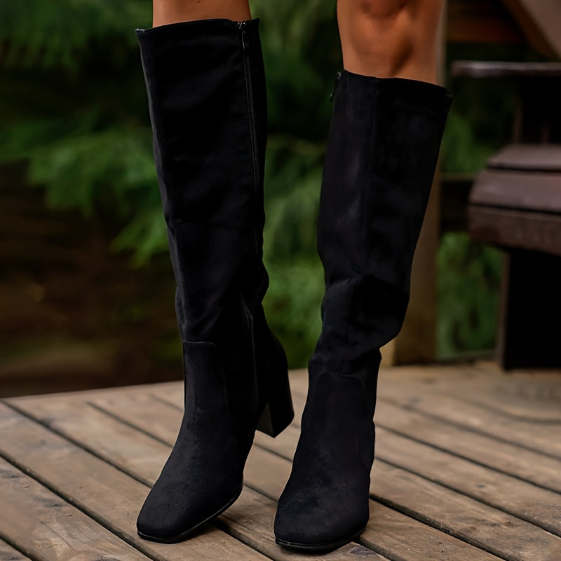 Women Knee High Boots Black Fabric Pointed Toe Mid Heel Dress Shoes