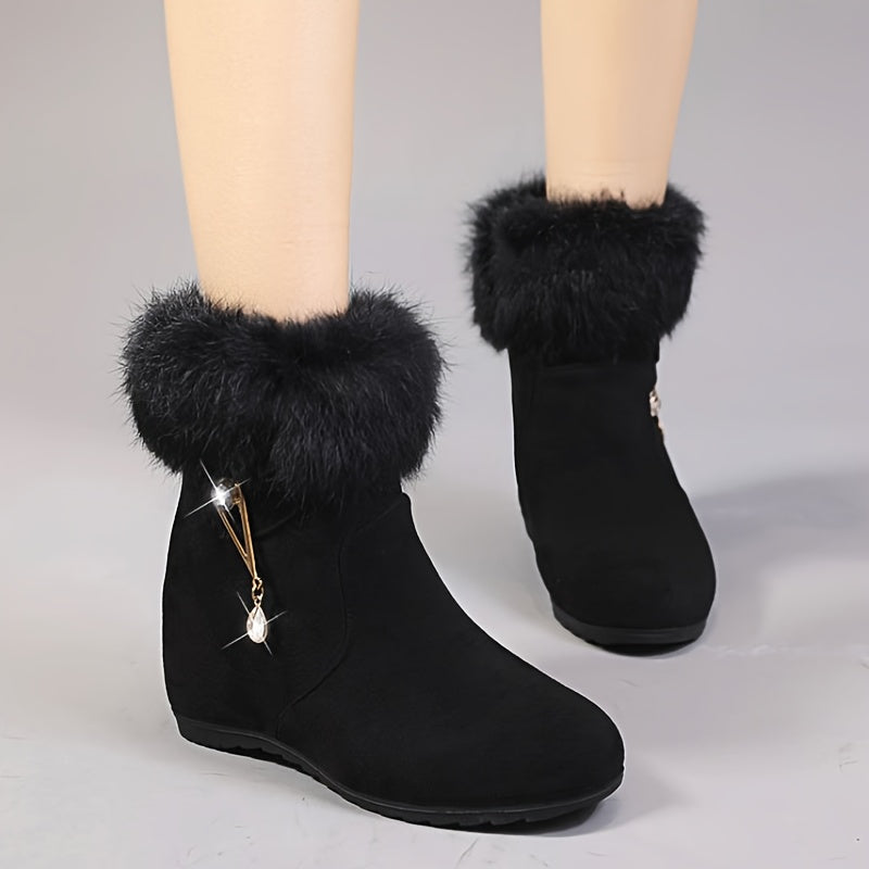 Women's Winter Plush Furry Boots with Rhinestone Chain Black Warm Shoes
