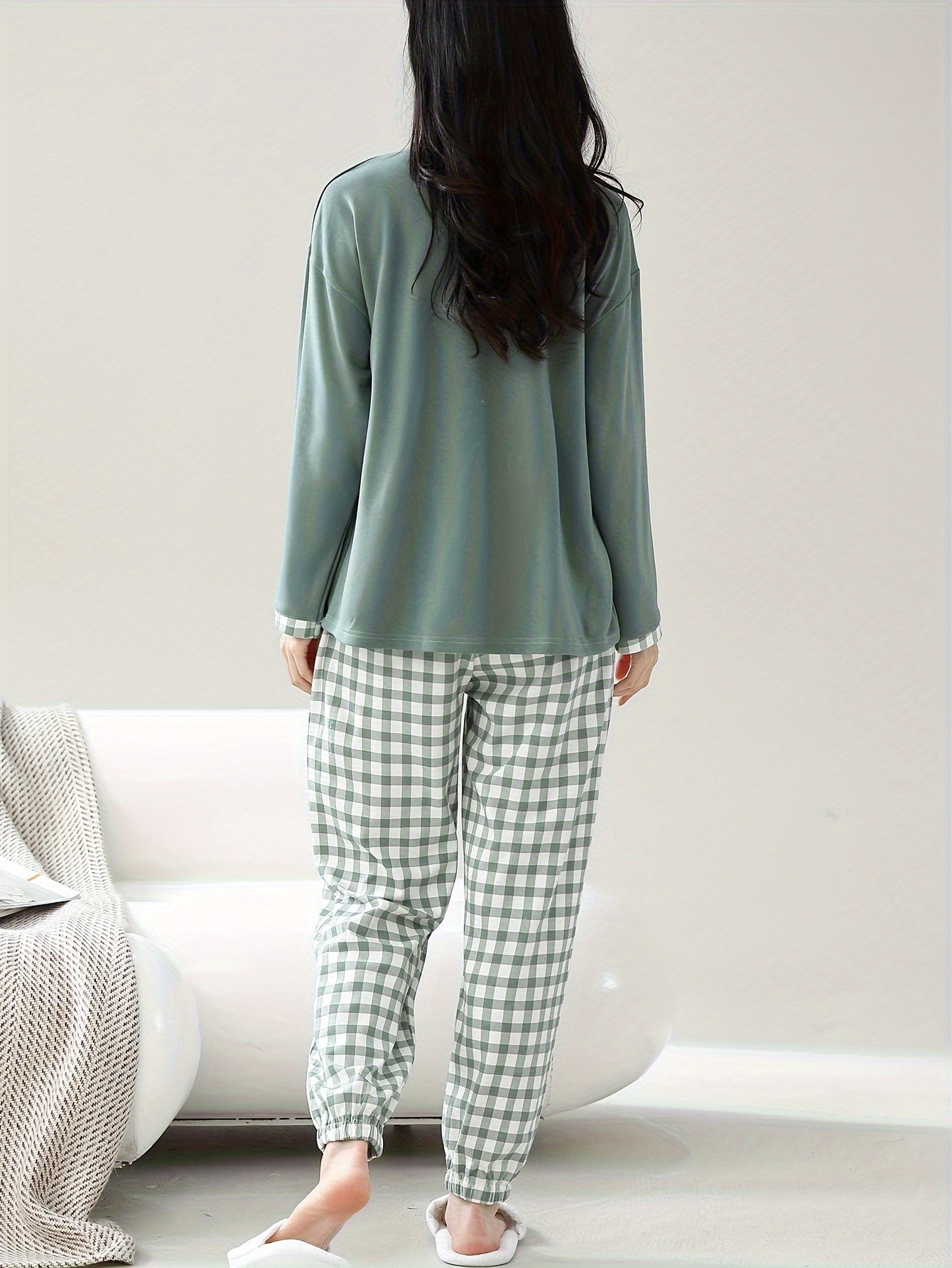 Women's Cotton Pajama Set with Cartoon Print Top and Checkered Pants for Spring Fall
