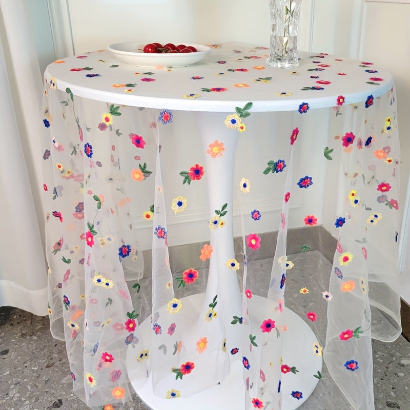 Mantel elegante de encaje floral 100% poliéster con bordado de flores coloridas y hojas verdes para comedor y jardín