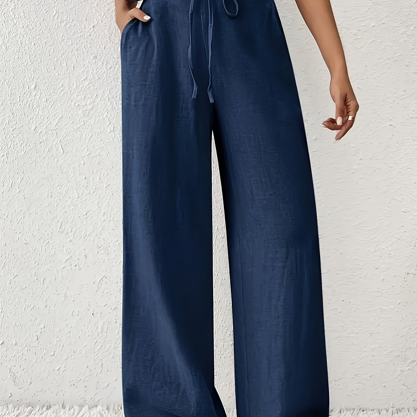 Women Plus Size Solid Color Wide Leg Pants with Pockets and Zipper