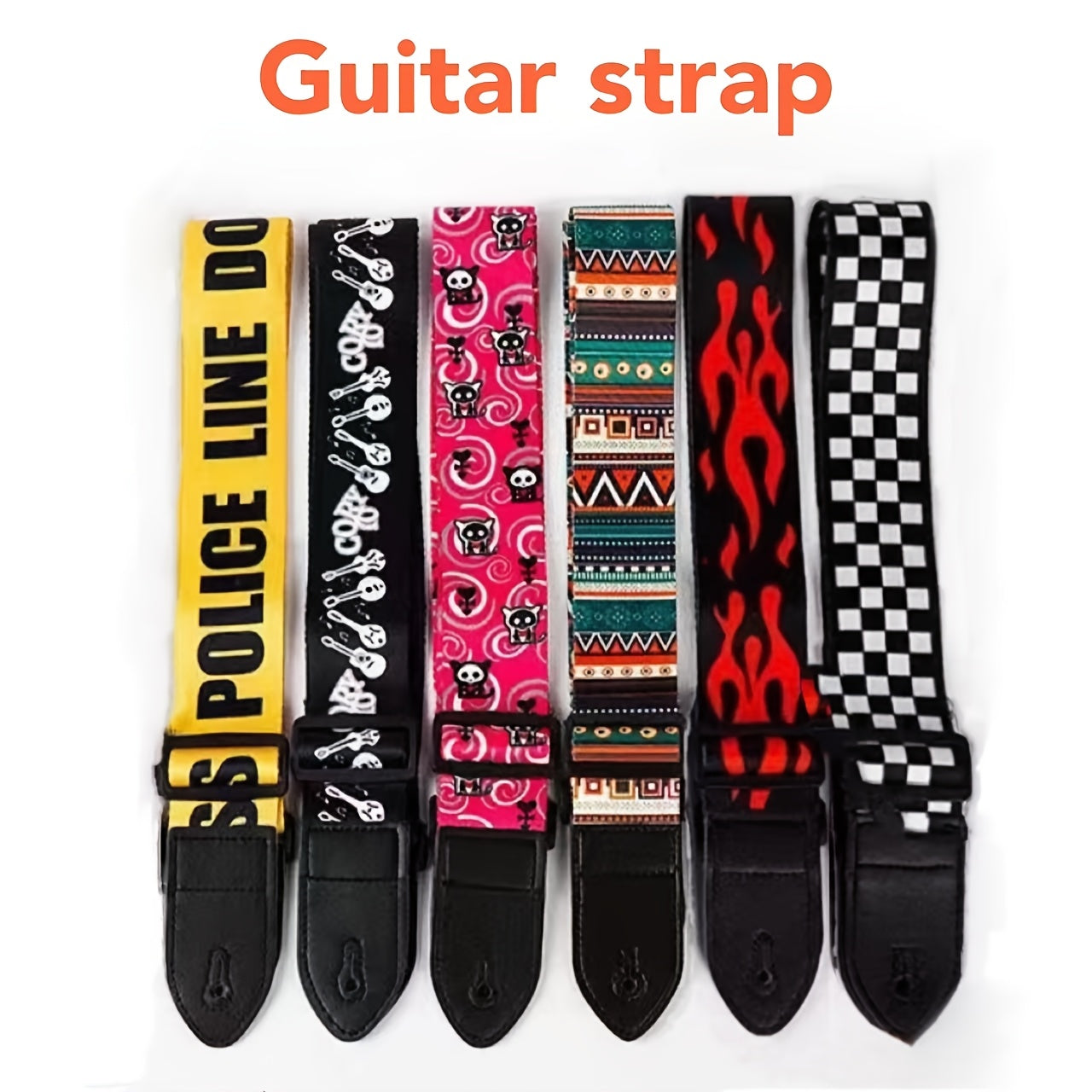 Correa de guitarra de cuero sintético ajustable con patrón vibrante en rosa, amarillo y negro para guitarra acústica, eléctrica y bajo