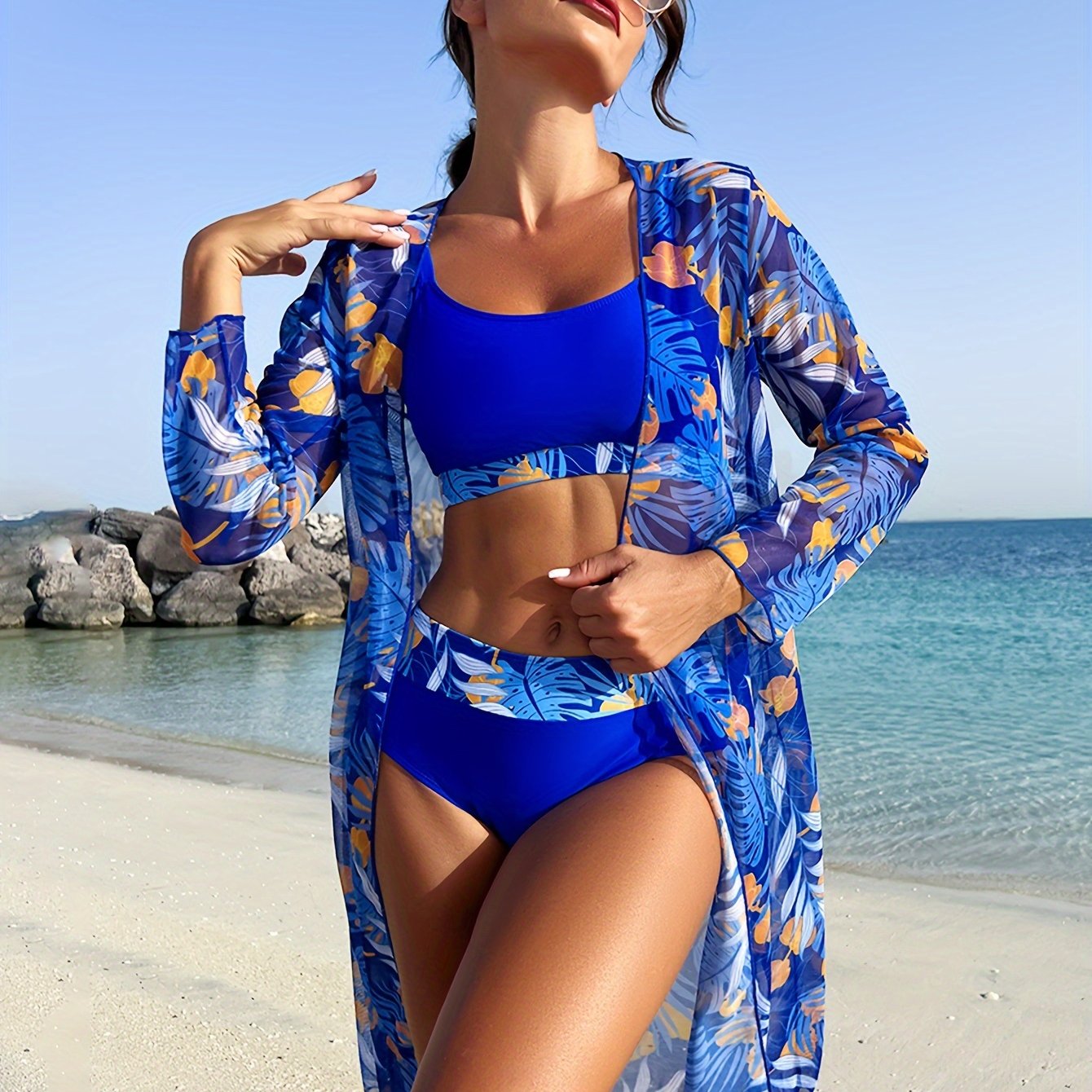 Women's Tropical Plant Print Beach Cover-Up Set with Sun Protection and Removable Padding