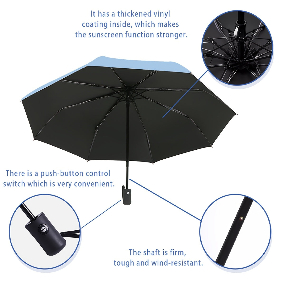 UV Protection Folding Umbrella Automatic Open 8 Ribs Pongee Pongee Black