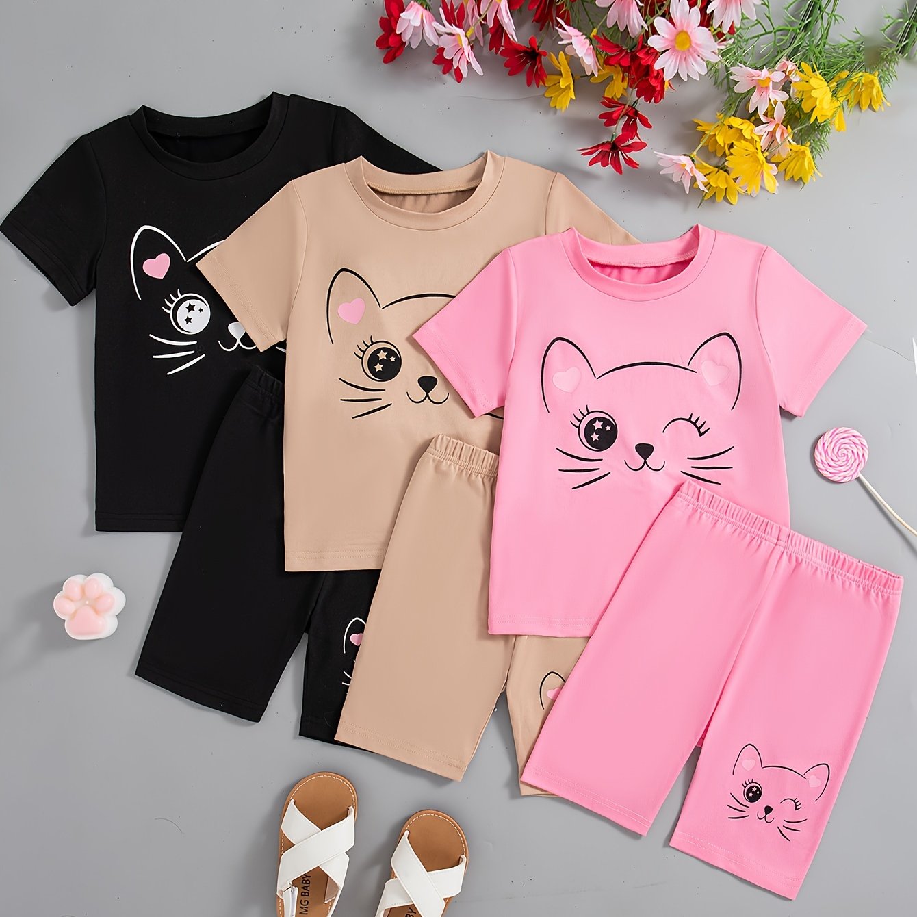 Qizlar uchun 3-qismli Multfilm Mushuk Print To'plami: T-shirtlar + Shortlar yoz uchun