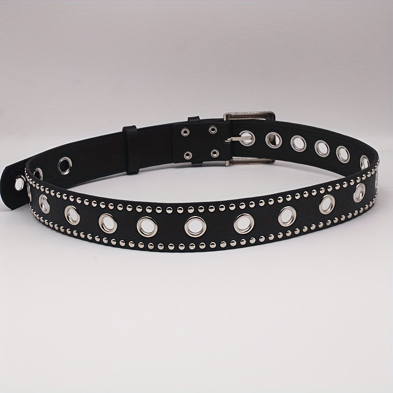 Unisex Black PU Belt with Punk Eyelet Rivets and Studs for Jeans and Pants