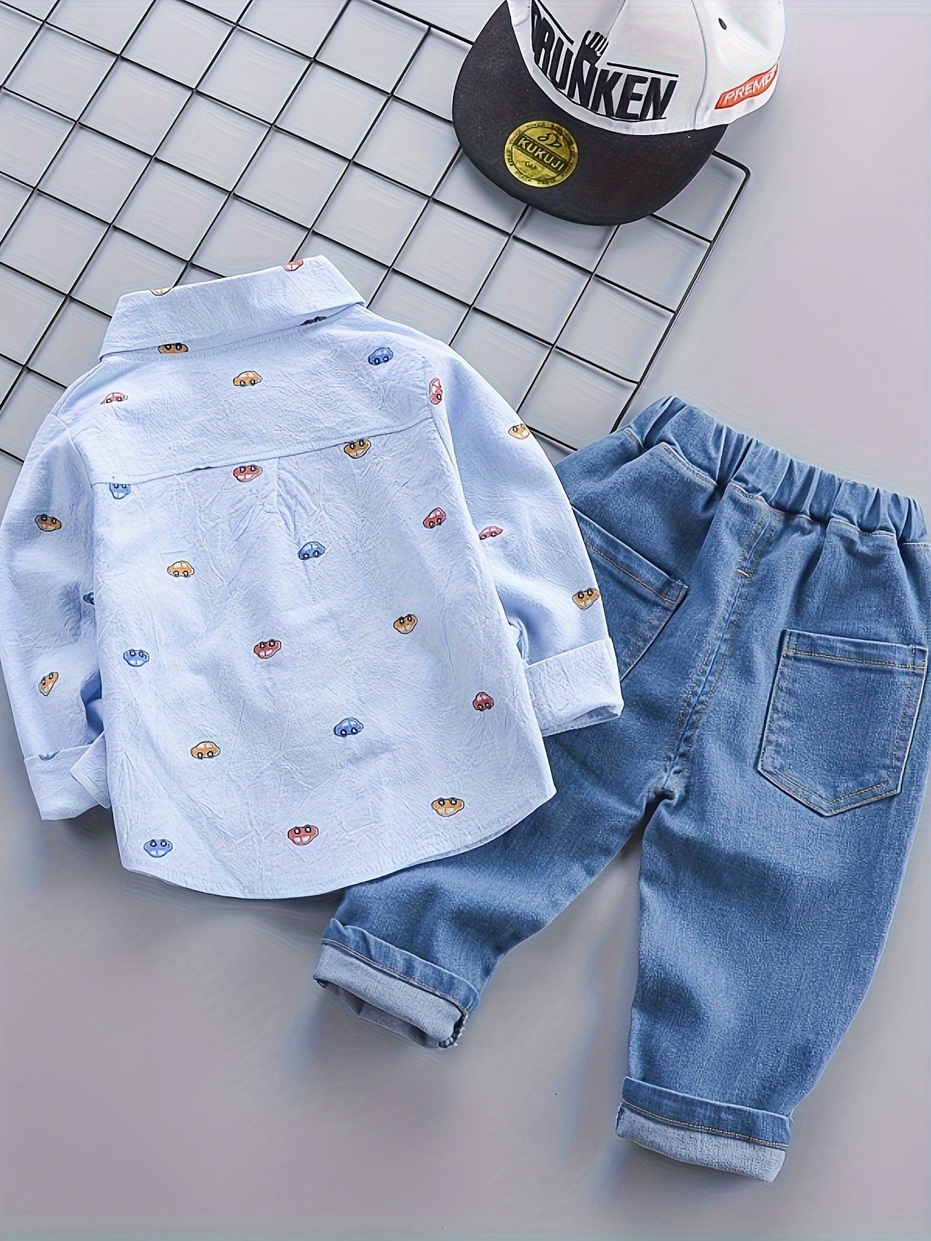 Boys' Cotton Outfit Set V-Neck Car Print Shirt and Jeans for Spring Fall Kids 12 and Under