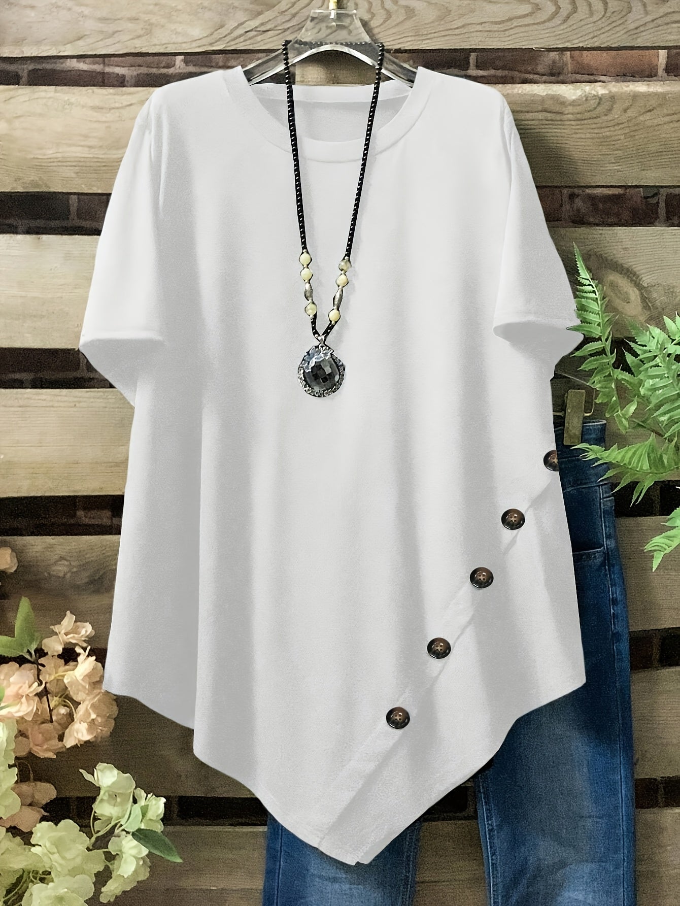 Plus Size Loose Fit Short Sleeve Casual T-Shirts with Button and Asym Hem