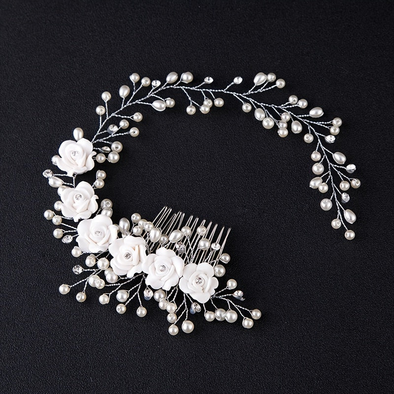 Faux Pearl Headband for Brides with Rose Detailing Wedding Hair Accessory