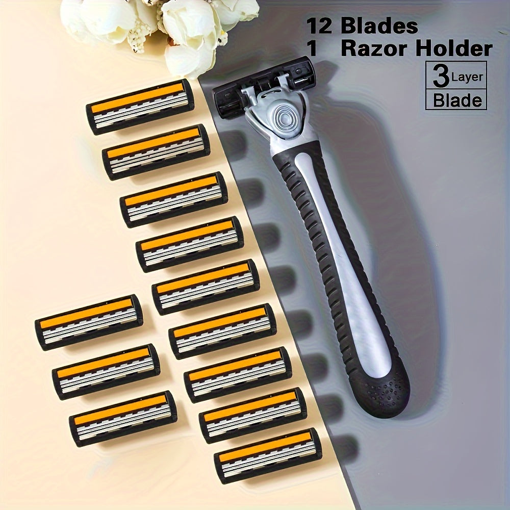 Stainless Steel Safety Razor with Handle and 12 Blades for Beard and Mustache Grooming