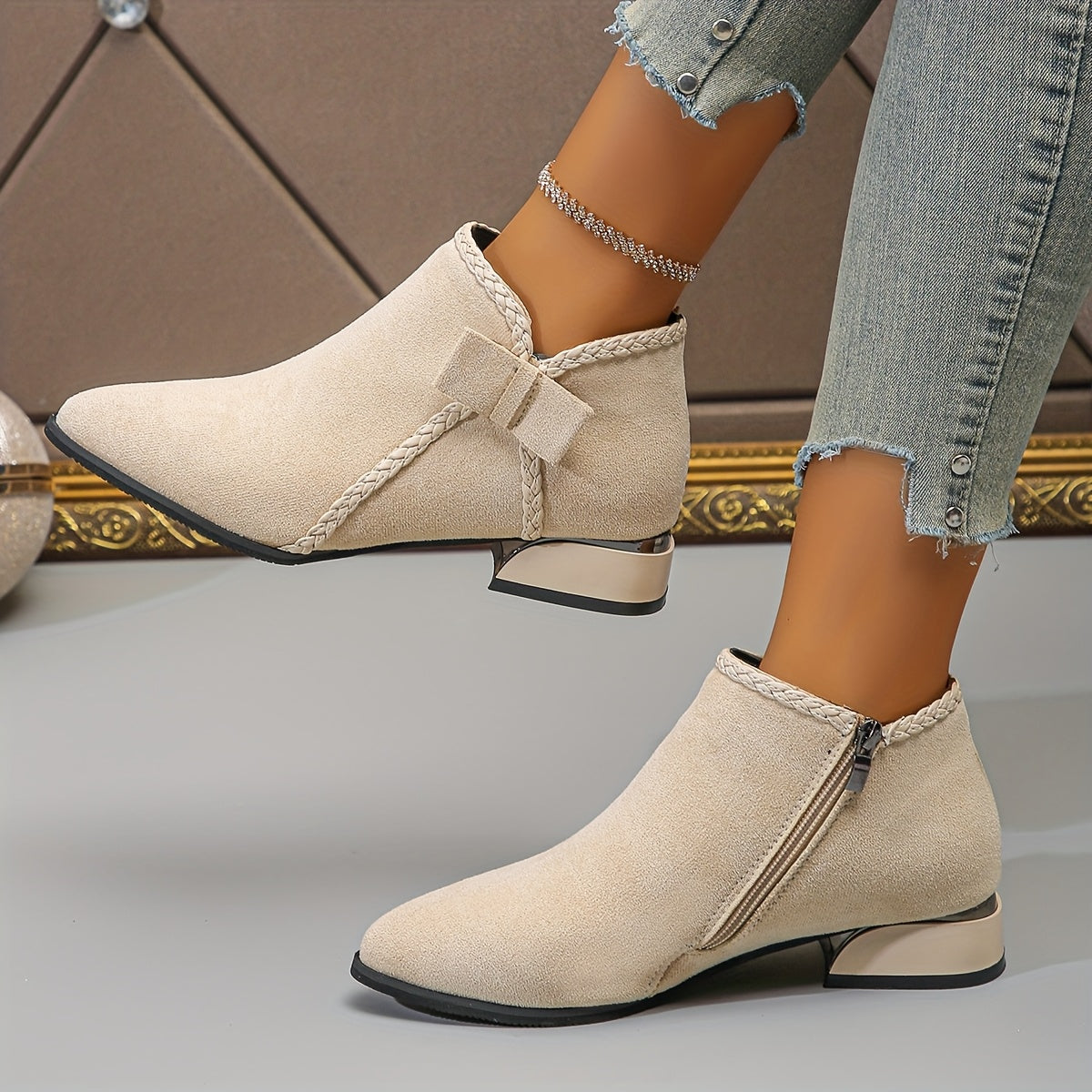 Women's Corduroy PU Ankle Boots with Bowknot and Chunky Heel