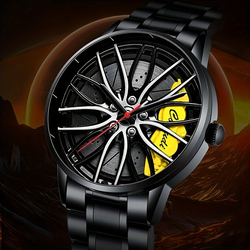 Men's Sports Watch with Car Wheel Hub Caliper Design Steel Band Luminous Hollow Dial