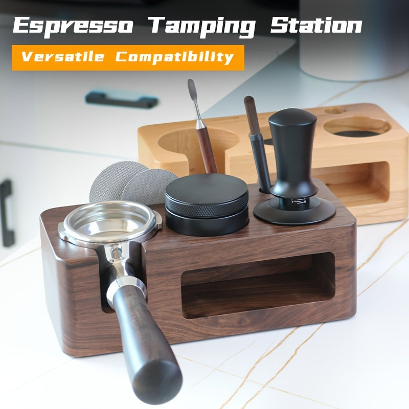 Espresso Tamping Station Set with Tamper Holder and Distribution Tool Walnut Beech