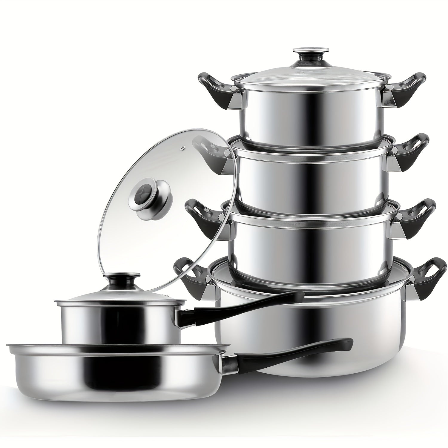 Juego de utensilios de cocina de acero inoxidable antiadherente de 12 piezas con ollas, sartenes y tapas