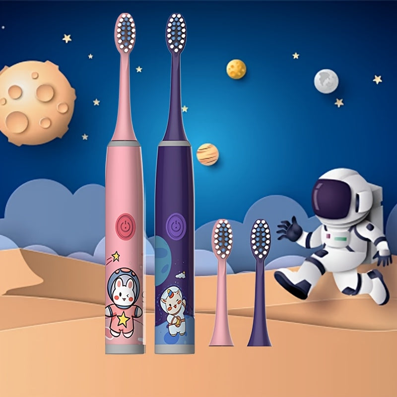 Электрическая зубная щетка для детей с 4 насадками, мягкая щетина, работает на батарейках