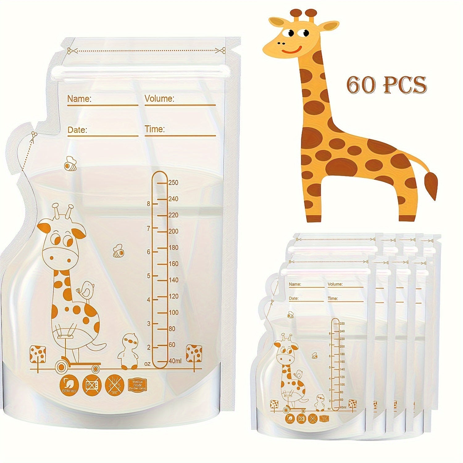 Мешки для хранения грудного молока, 60 шт., 8,5 унций, без BPA, с носиком для наливания, стоячий, плоский профиль