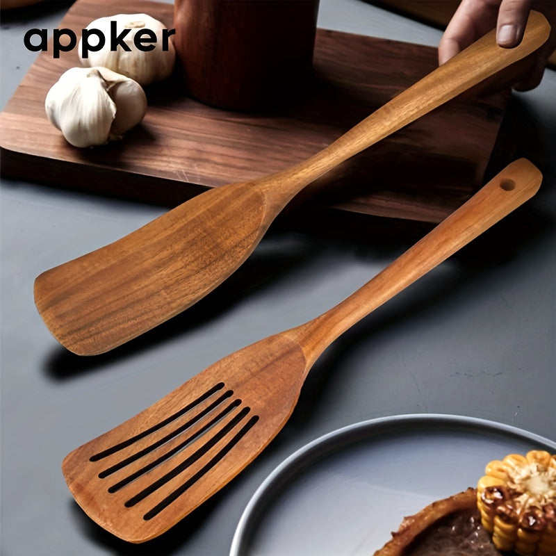Juego de espátulas de madera de acacia, utensilios de cocina antiadherentes para cocinar y voltear