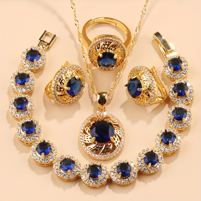 Nikoh zargarlik to'plami, 5 ta bo'lak, Kubik Sirkoniyalik taqinchoq, quloq taqinchoq, uzuk, bilaguzuk, yaproq dizayni, to'ylar va partiyalar uchun