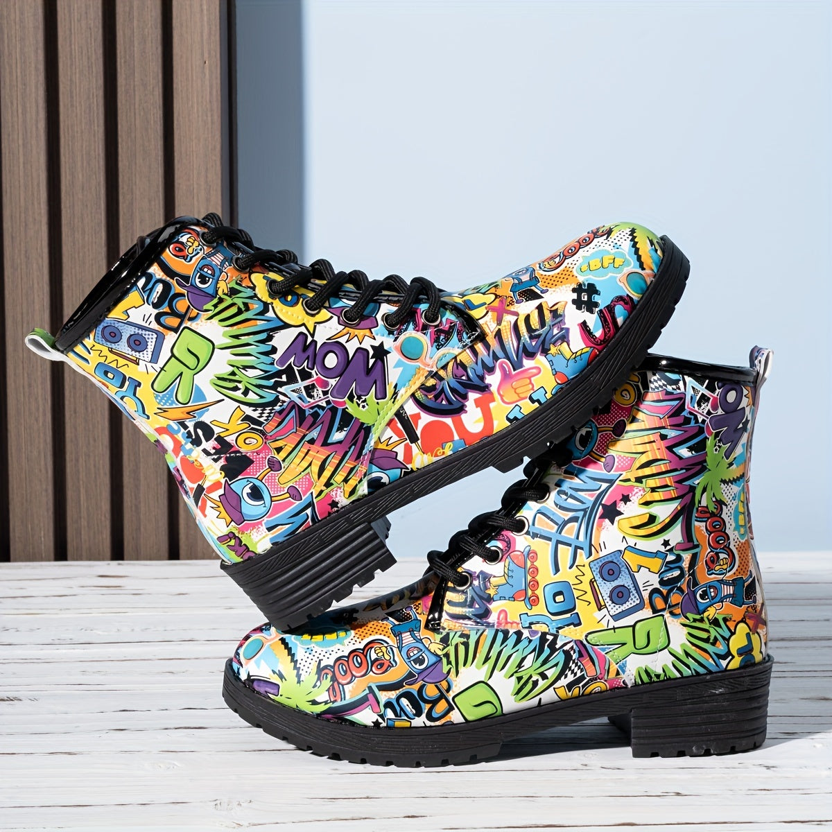 Women's Floral Pattern Lace-Up Casual Boots with Soft Sole and Round Toe