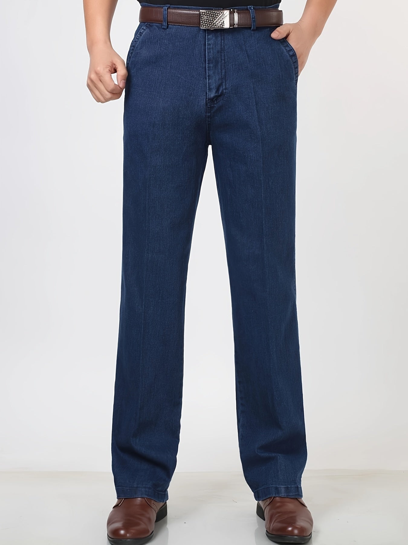 Men's Washed Denim Trousers with Pockets High Waist Straight Leg Casual Summer Outdoor