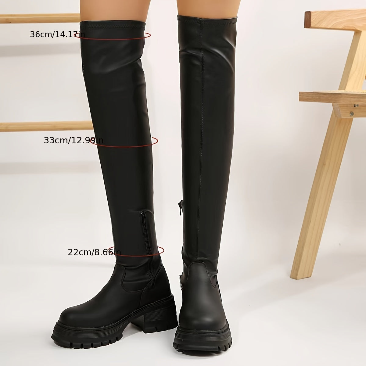 Women's Black Over-the-Knee Boots with Thick Soles, Zipper, Chunky Heel