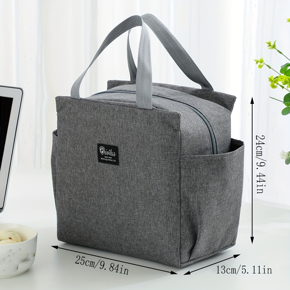 Insulated Oxford Fabric Lunch Bag with Side Pockets for Food and Utensils