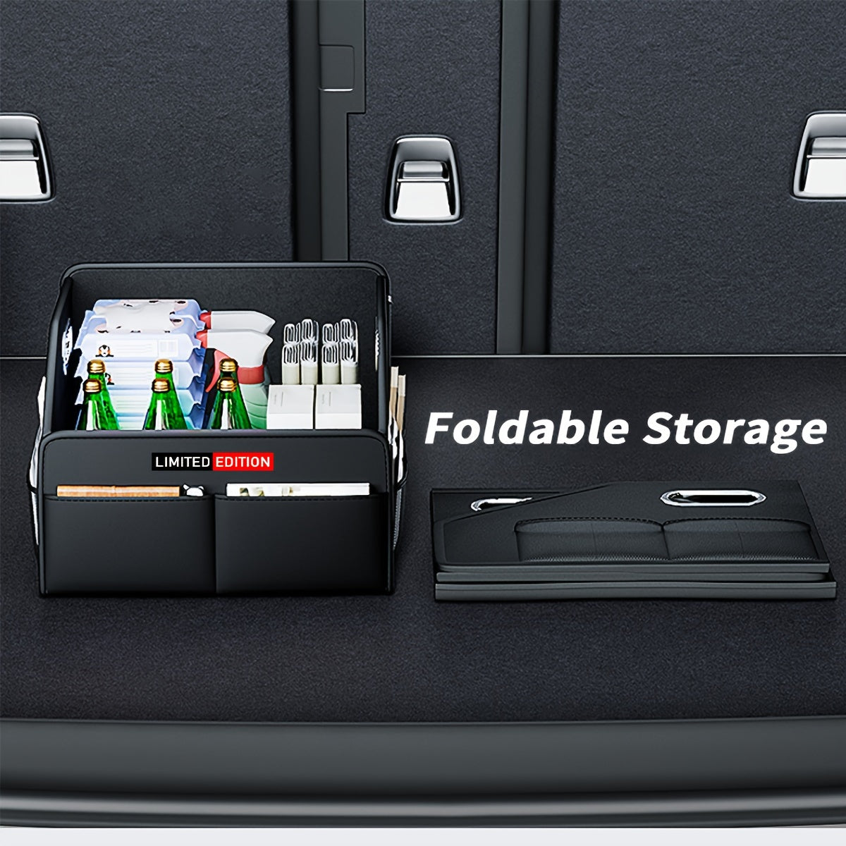 Black PU Leather Car Trunk Organizer Foldable Storage Box with Handles