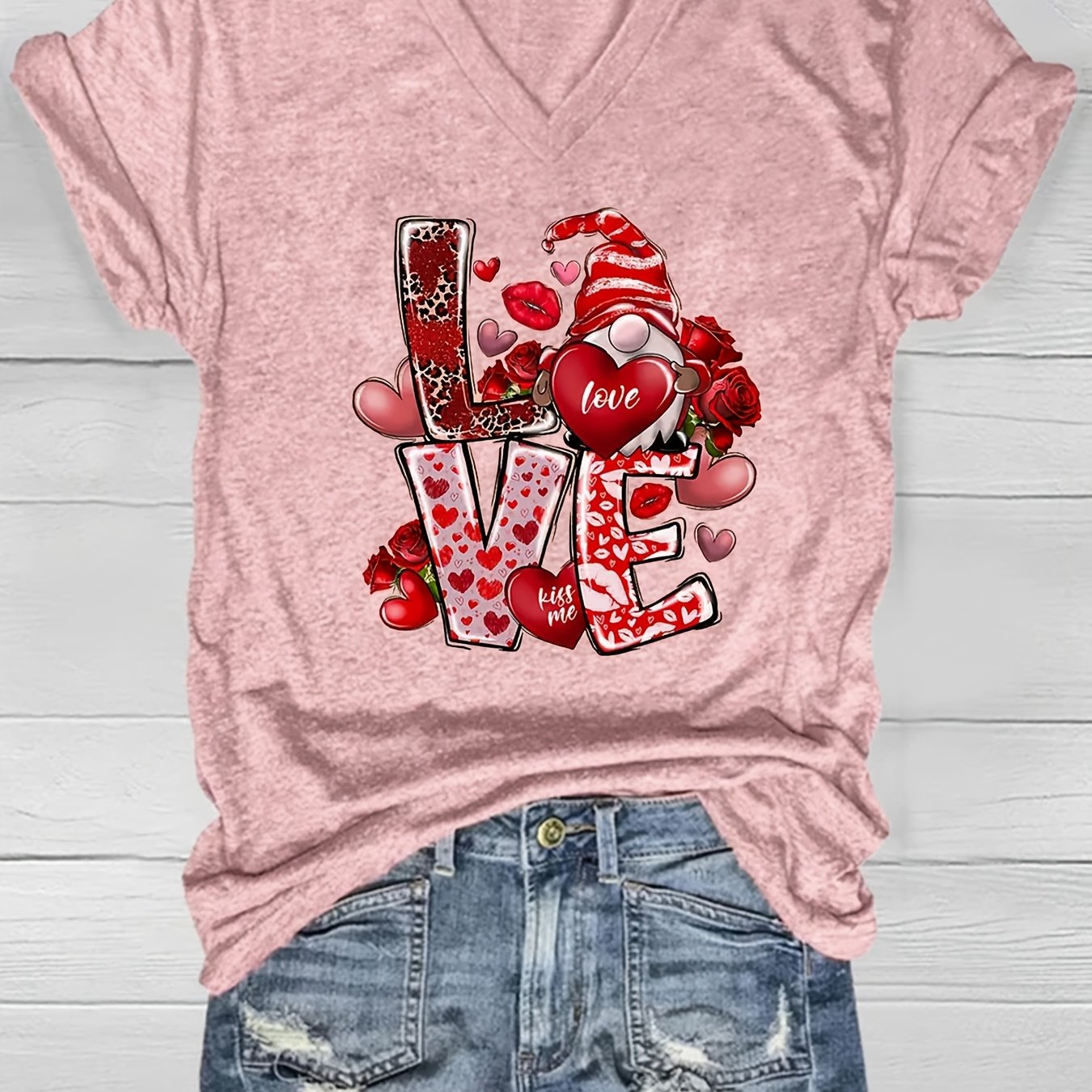 Women's V-Neck T-Shirt Summer Casual Loose Fit Top Polyester Rayon Blend with Love Heart & Roses