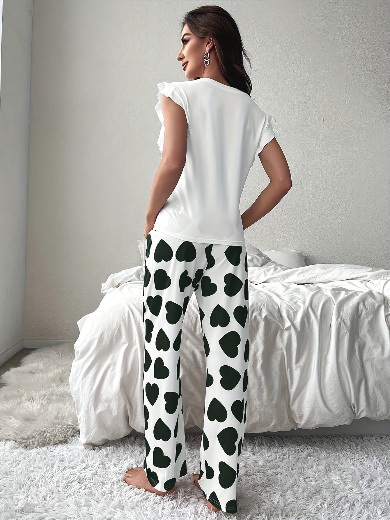 Conjunto de descanso con estampado de corazones y mangas con volantes para mujer, con pantalones de cintura elástica