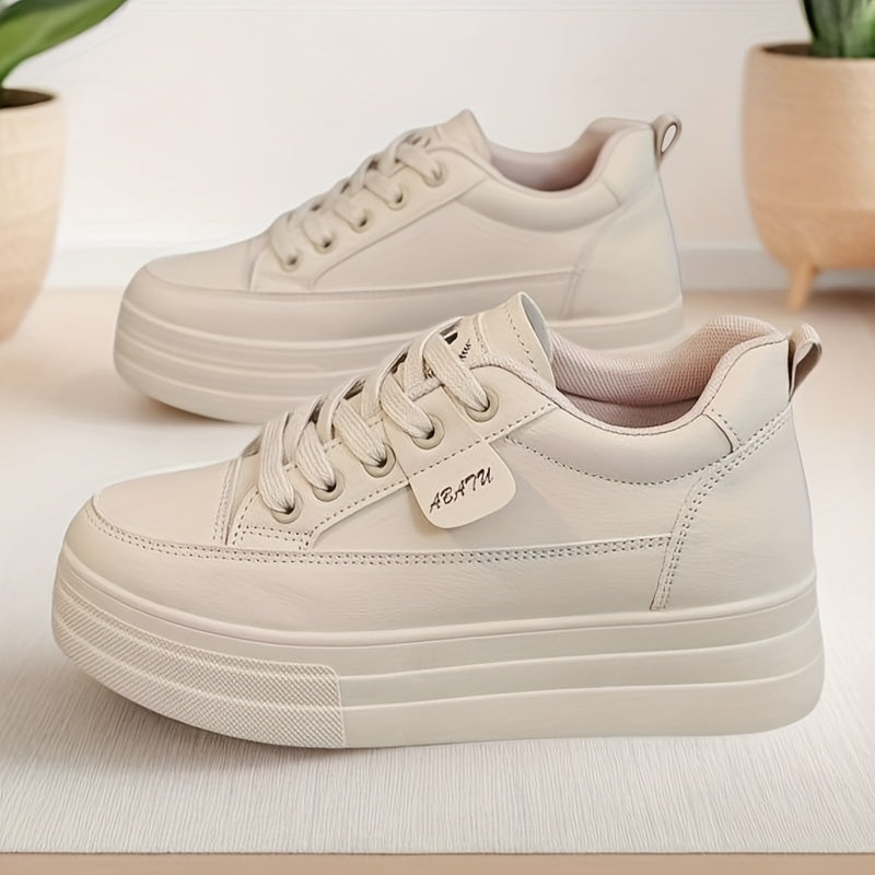 Women's High-Top Sneakers with Thick Platform Sole Beige Casual Lace-Up Shoes