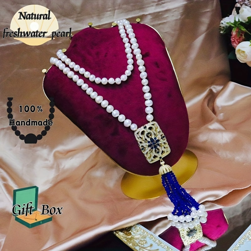 Vintage-Style Freshwater Pearl Necklace with Czech Crystal Tassels for Women