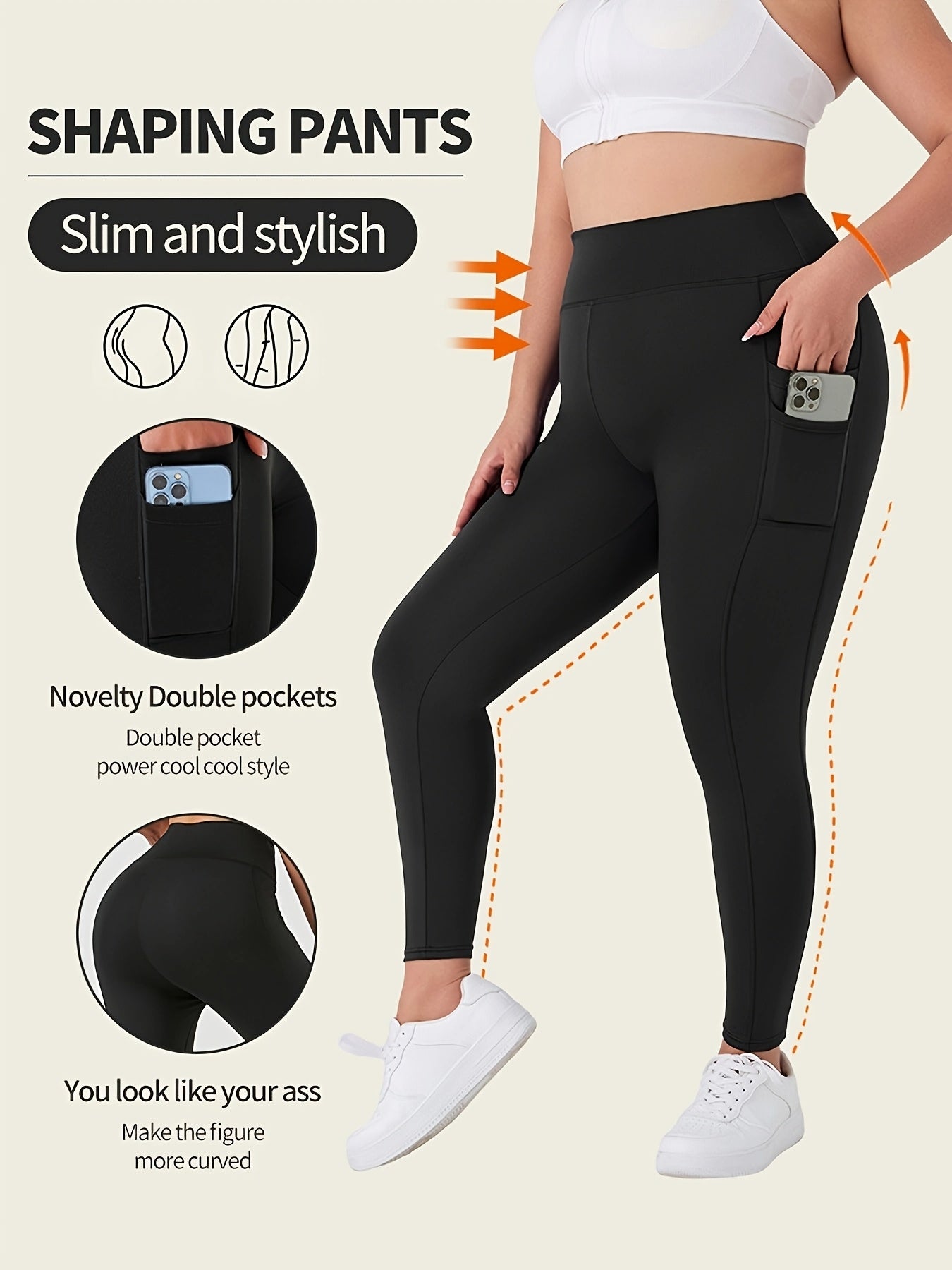 Plus Size Women Solid High-Waisted Leggings Stretchy Pockets Casual