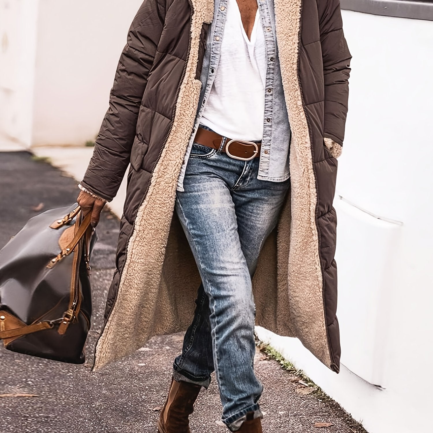 Long Padded Coat for Women with Fleece Lining Knee-Length Solid Color Winter Outerwear