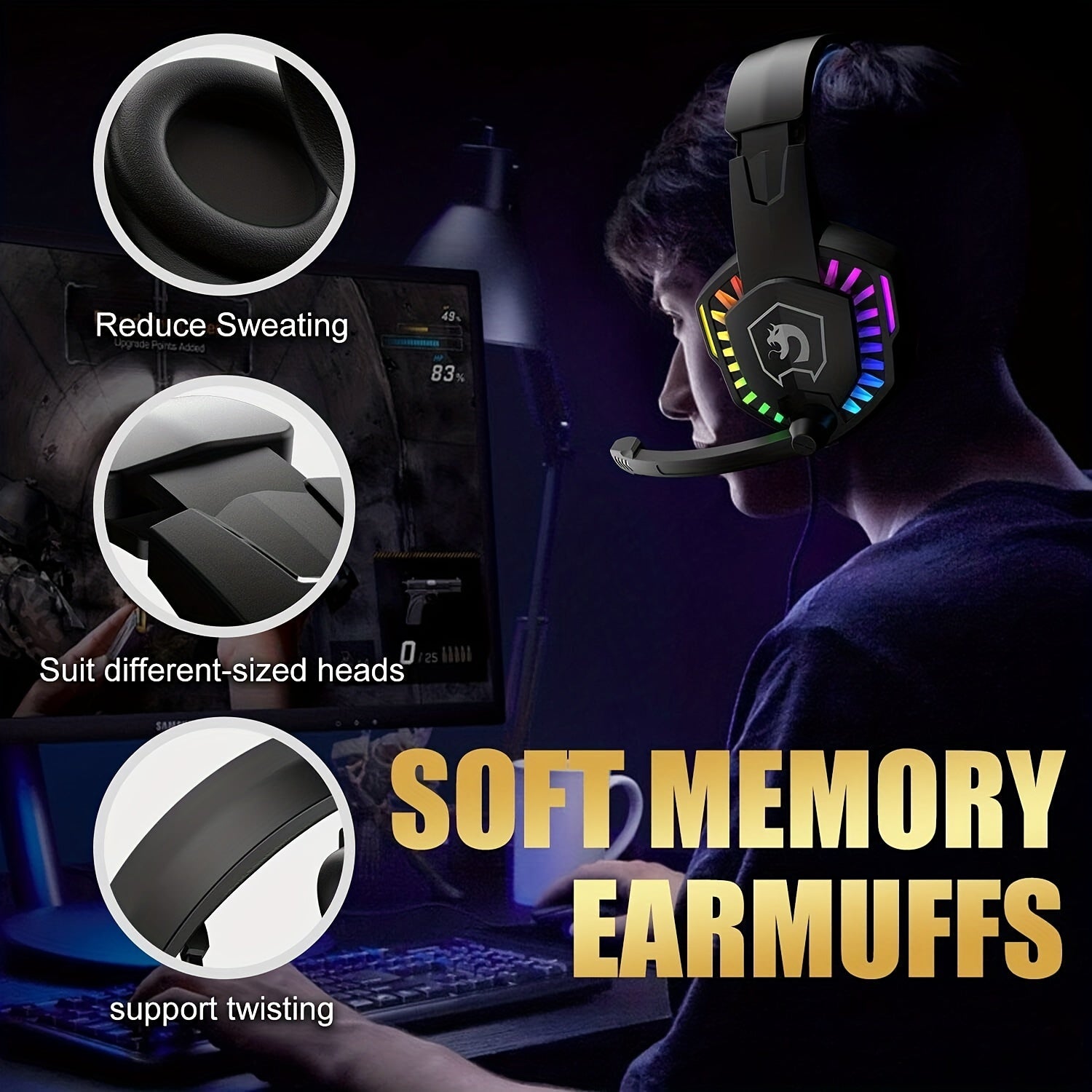 Wired Gaming Keyboard and Mouse Set with Rainbow LED Backlit and Headset for PC and Console