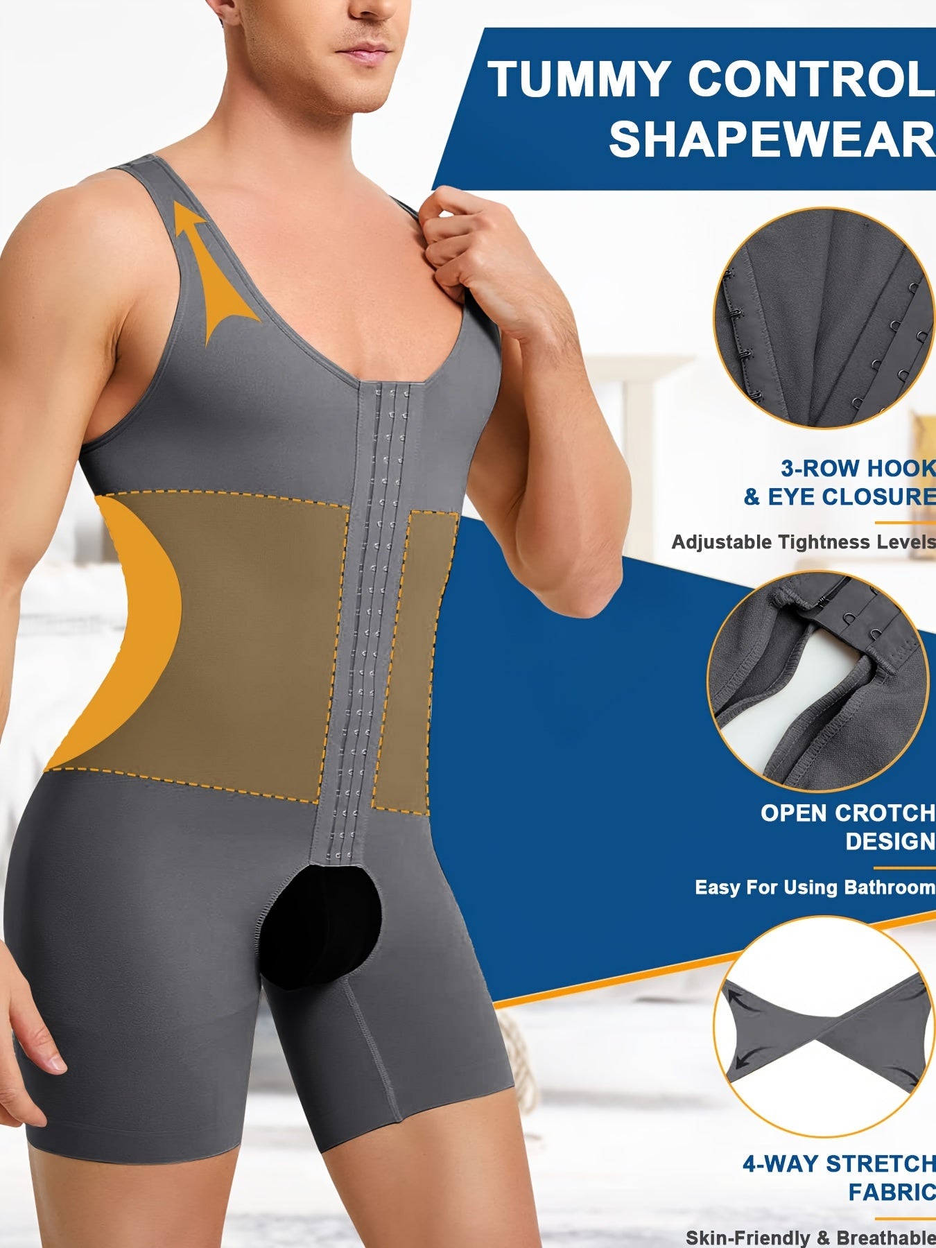 Men's Slimming Athletic Bodysuit with Tummy Control and Shoulder-Baring Design in Royal Blue High-Elastic Nylon Spandex for Fitness Recovery All-Season