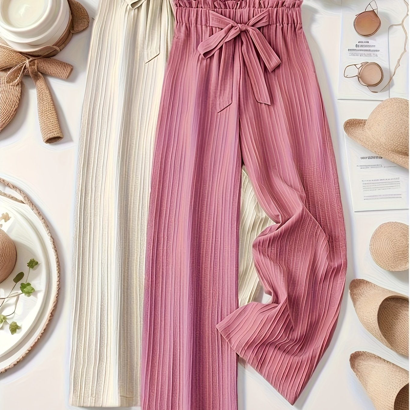 Women's Loose Pleated Textured Pants Set Two Pieces