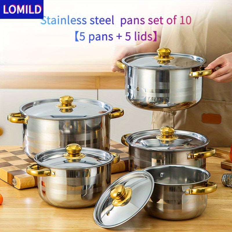 10-Donali zanglamaydigan po'latdan tayyorlangan idishlar to'plami, qozonlar va qopqog'lar bilan oshxona uchun