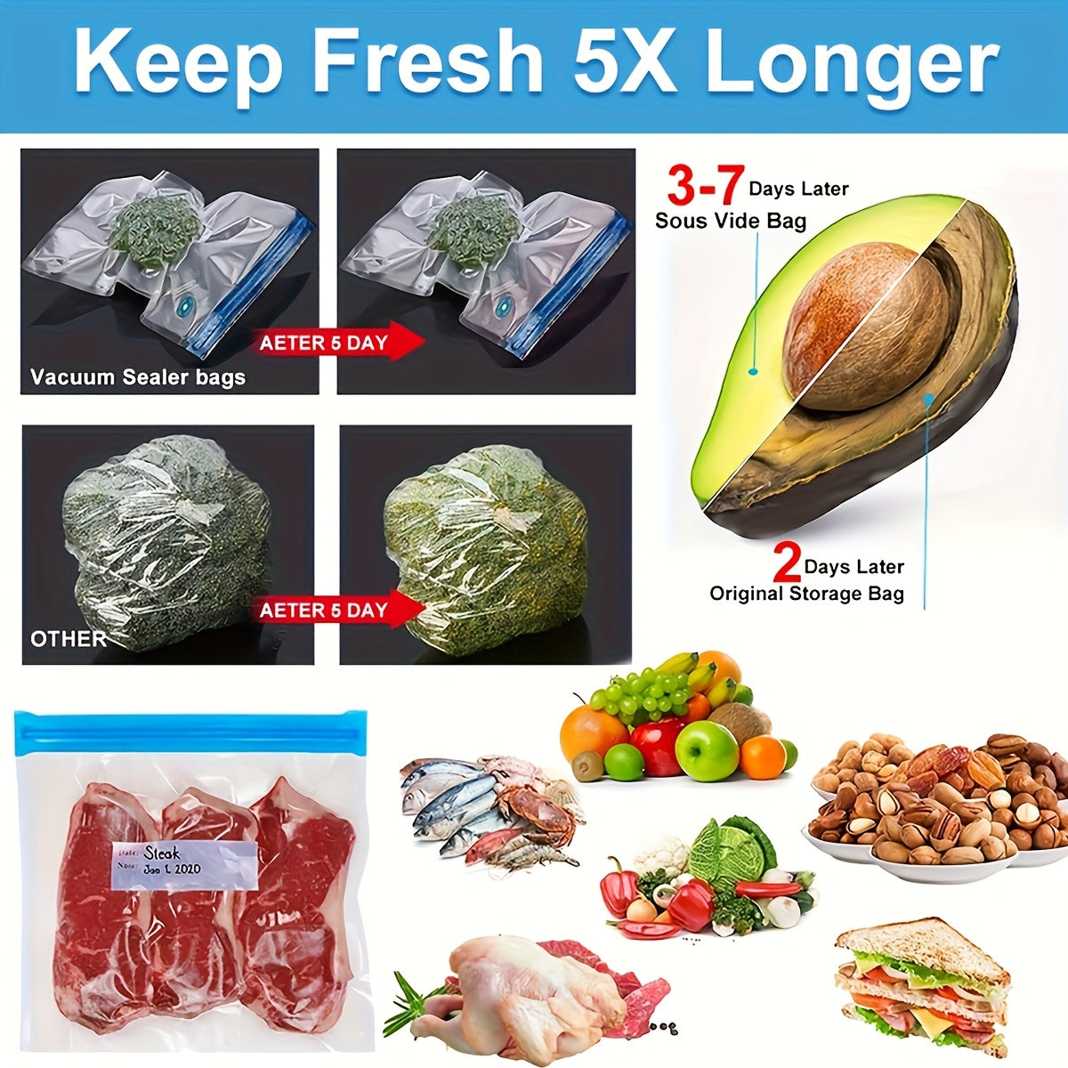 20pcs Reusable Vacuum Food Storage Bags with Airtight Zipper Seal Durable PE Transparent for Fruits