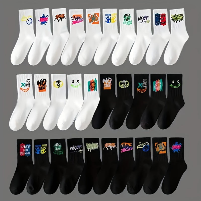 Set of 5 Black and White Graffiti Mid-Calf Sports Socks for Men and Women