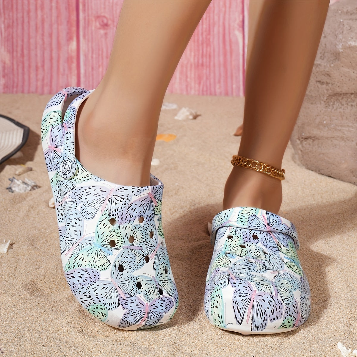 Women's Tie-Dye EVA Clogs with Pink Flamingo and Blue Bird Pattern for Beach and Casual Wear